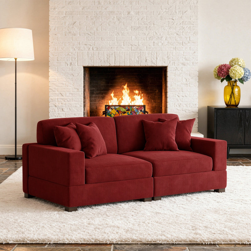 Canapé modulaire 2 pièces rembourré en velours côtelé rouge avec dossier coussiné et pieds en bois massif, Rouge
