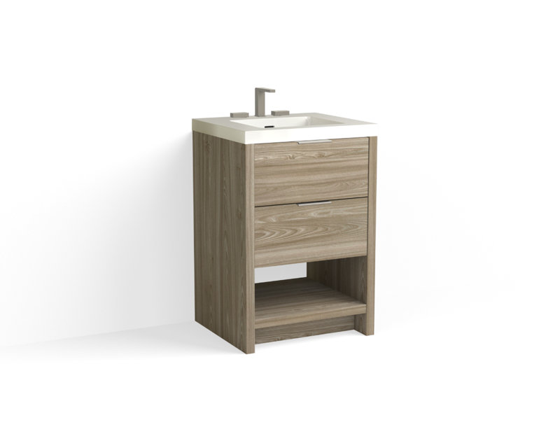 Vue 24" W Freestanding Single Bathroom Vanity, Glossy White/8" Widespread, Nocino, Satin Nickel