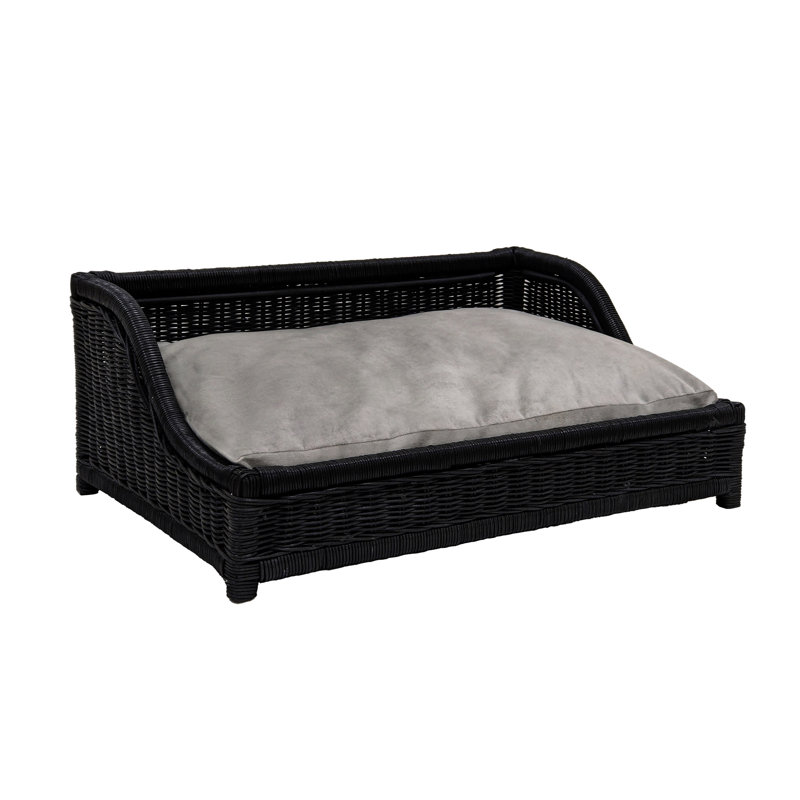 Poppy Black Rattan Small Pet Bed with Gray Cushion
