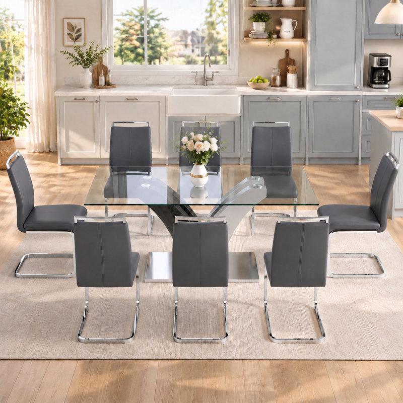 Ensemble de salle à manger 9 pièces rectangulaire moderne en verre trempé 71 po avec chaises en porte-à-faux en similicuir 9 pièces