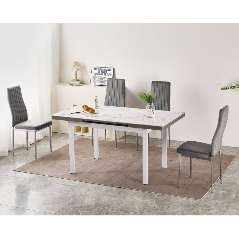 Jade White Sintered Stone Extending Dining Table with 4 Monza Velvet Chairs, Grey