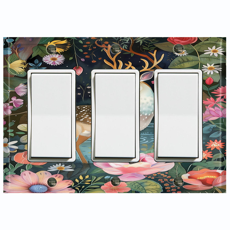 Couvercle de plaque d'interrupteur en métal; Fauteuil à bascule GFI - cerf en forêt, Triple GFI / berçant # 7