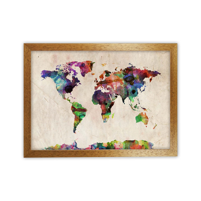World Map by Michael Tompsett - Print, 46cm H x 63cm W x 3cm D, Brown Framed