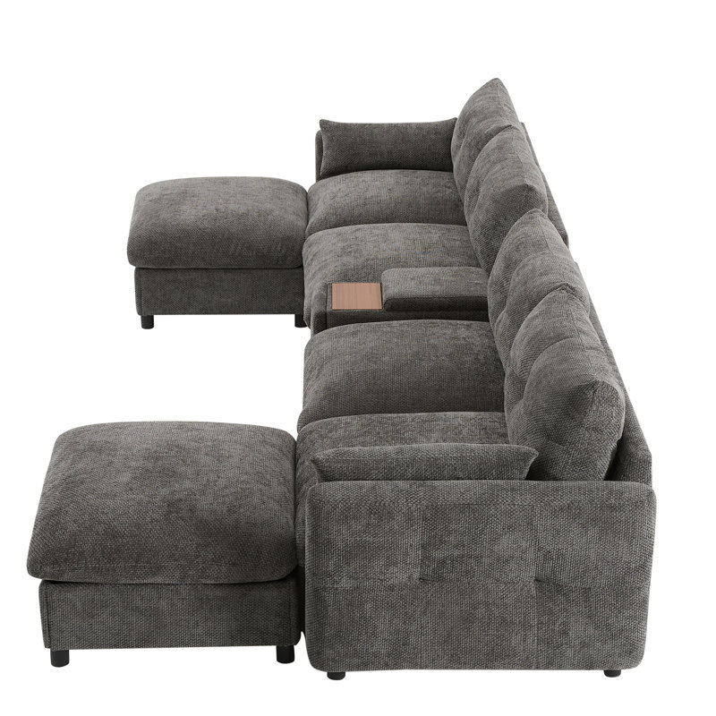 136" Modular Sectional Sofa With Console, Cup Holder, USB Charger, Movable Storage Ottoman, Pull-Line & Tufted Design, U-Shaped Oversized Chenille Sofa For Living Room & Apartment