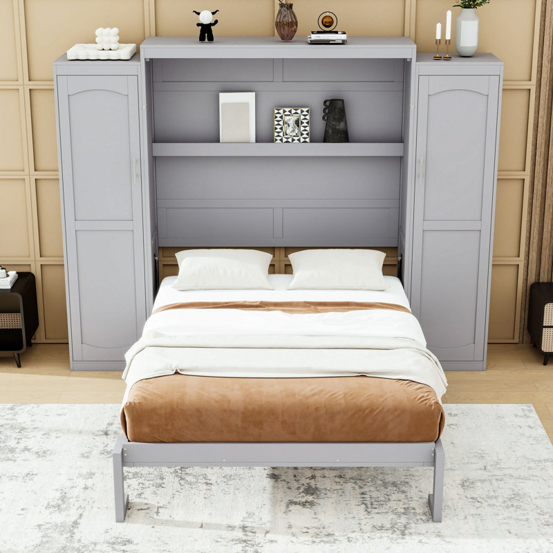 Lit escamotable avec garde-robe intégré et conception pliante polyvalente, Gris, Double