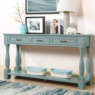 Console en bois massif 63 pouces, bleu rétro, 3 tiroirs et tablette inférieure, construction 63 po avec pieds et 1 attrayant décor Mid-Century