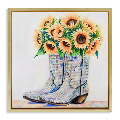Cadre flottant avec bottes de cow-boy de tournesol, design par Amanda Greenwood