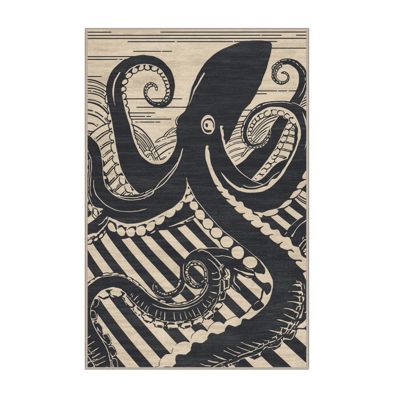 Tapis rayé gris lavable à la machine Bridgewater Kraken, 3 X 5