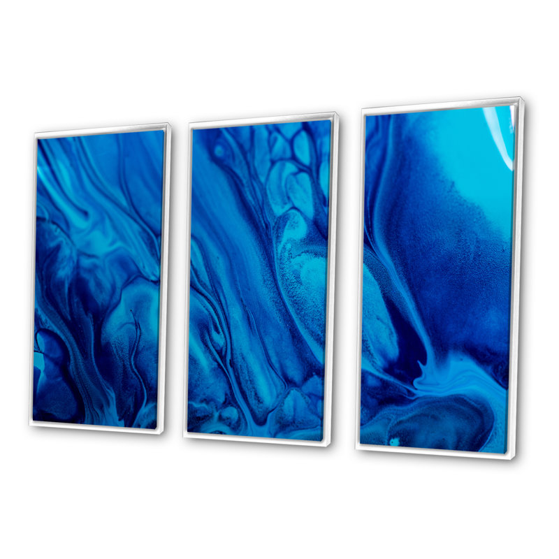 Mélange de peinture acrylique abstraite bleu foncé - ensemble d'art mural encadré abstrait sur toile de 3, H 32 po x l 48 po