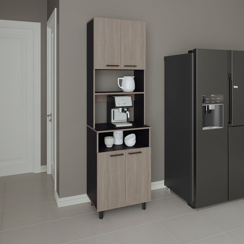 Kitchen Pantry, 4 Doors, 4 Legs, 4 Shelves, White Oak / Black Wengue