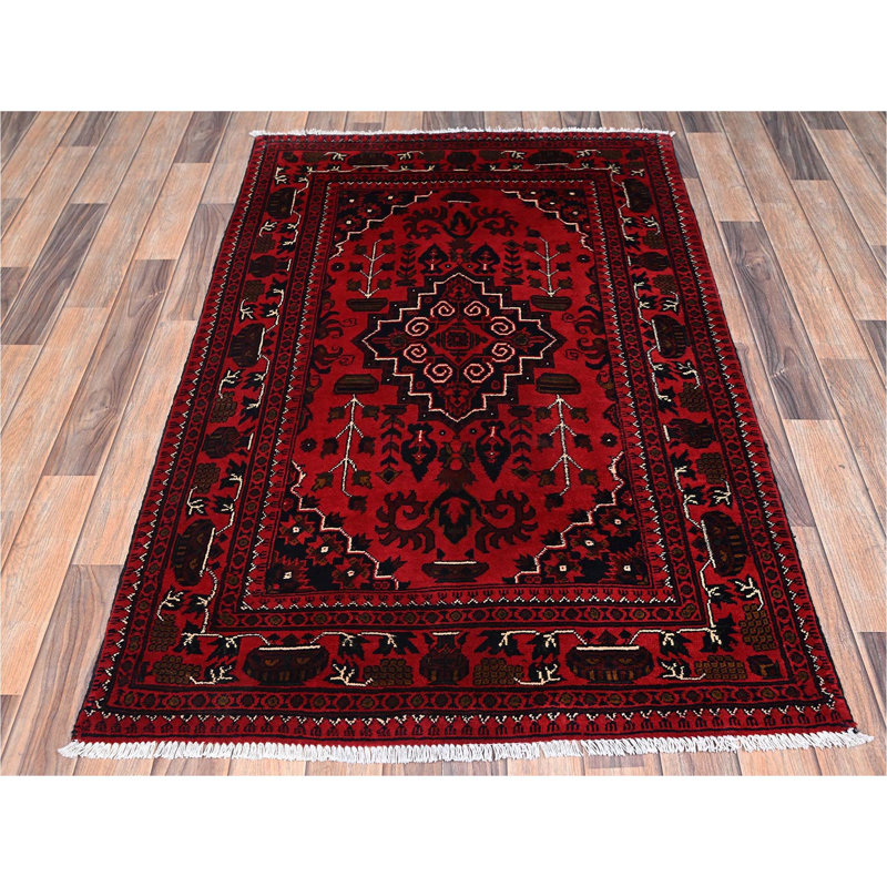 Tapis oriental 3 pi 3 po x 5 pi 1 po rouge cramoisi, Andkhoy afghan avec médaillon géométrique, laine douce et veloutée, noué à la main