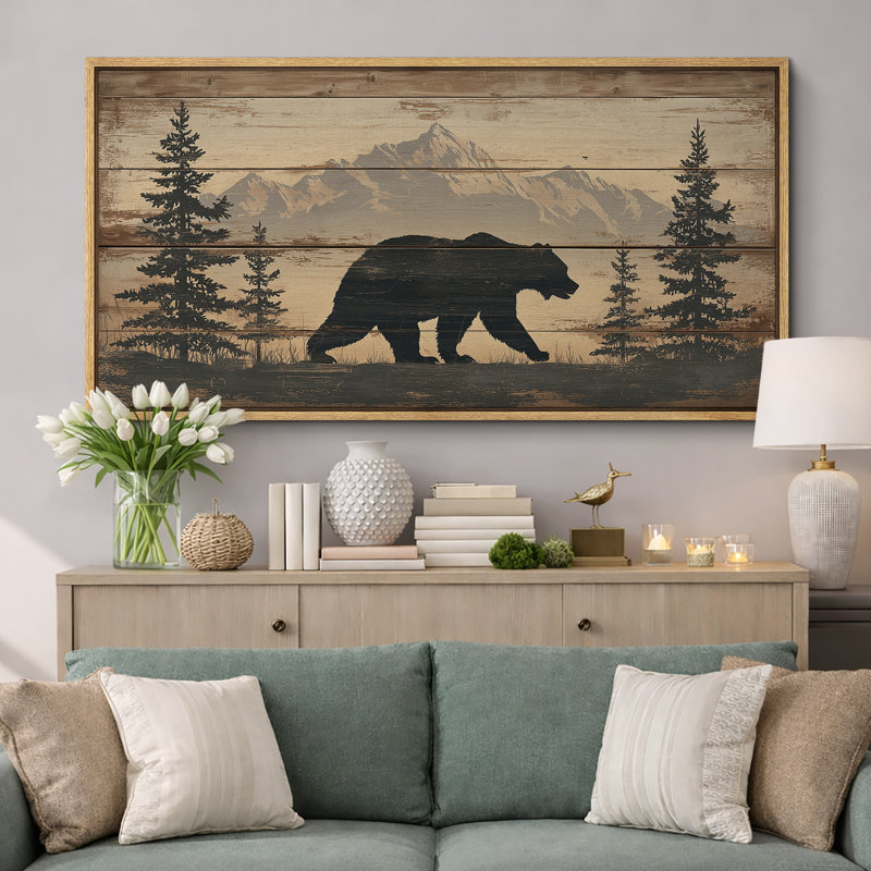 «Rustic Bear Mountain Forest Silhouette Art Extra Large», reproduction d'art sur toile encadrée, Naturel