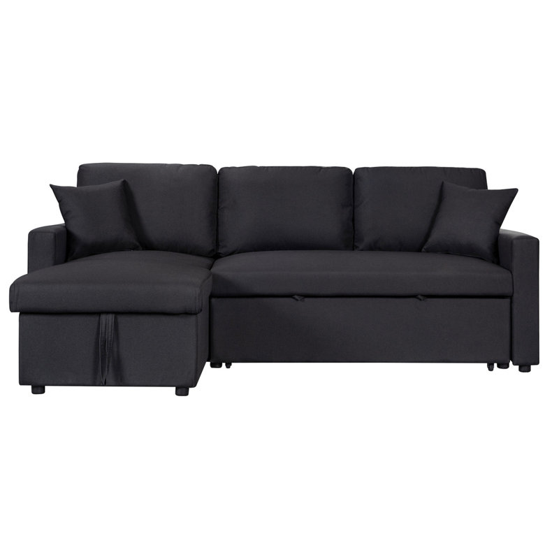 Black Linen Fabric Sectional With Reversible Chaise Sleeper And Storage In Cloth