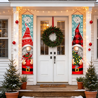 Ensemble de 2 bannières de Noël pour porche, style nain, 180 x 30 cm, panneaux verticaux Tomte Nisse à carreaux Buffalo et chapeau flocon de neige rouge, décoration de porte scandinave pour porche, entrée et mur intérieur.