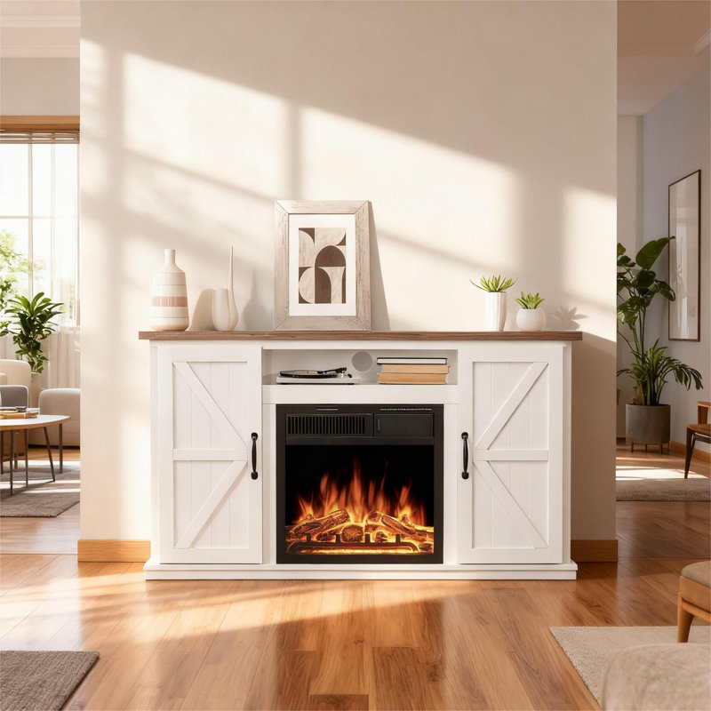 Compatible avec téléviseur de 50 po - Meuble télé avec foyer au fini noyer R.W.FLAME, foyer électrique de 20 po inclus, centre de divertissement avec tablettes de rangement ouvertes, idéal pour le décor du salon et de la chambre à coucher