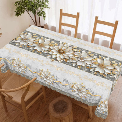 Élégant Lillo floral blanc et doré de 1 pièce avec un style luxueux gris argenté rétro, des bords estampés et un tissu en polyester tissé durable, convenant à la cuisine, au jardin extérieur, aux fêtes, au restaurant et au banquet