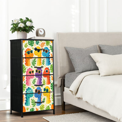 4 Drawer Dresser for Bedroom, Narrow Chest of Drawers, Wooden Top and Study Iron Frame 18"x37.5"-(WxH) - With Colorful Dinosaur Sunglasses Leaf Patterns Print