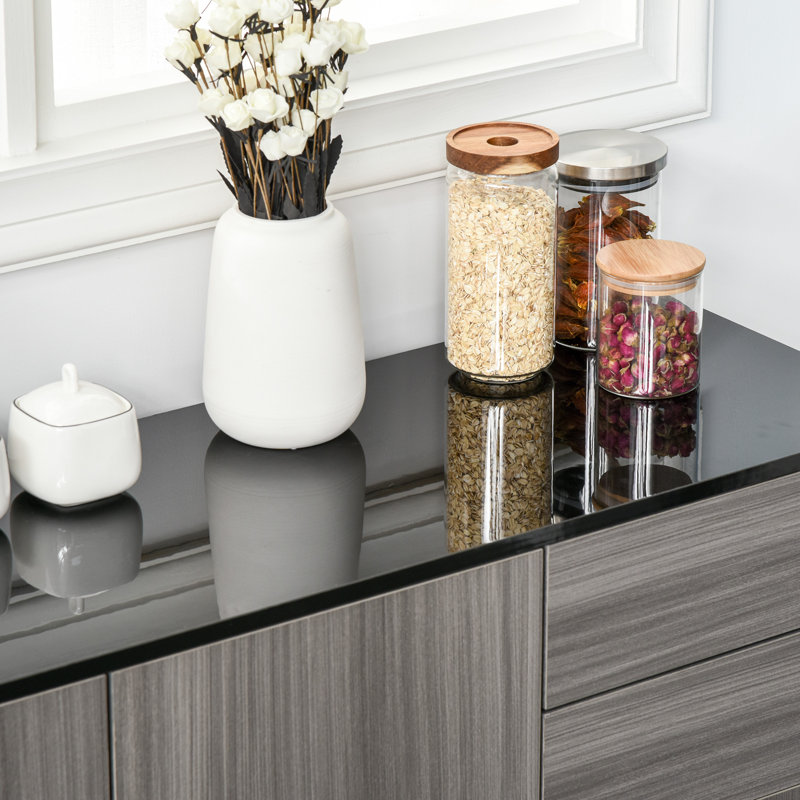 Abdul-Qaadir High Gloss Sideboard Push-Open Design with 2 Drawer, Grey/Black