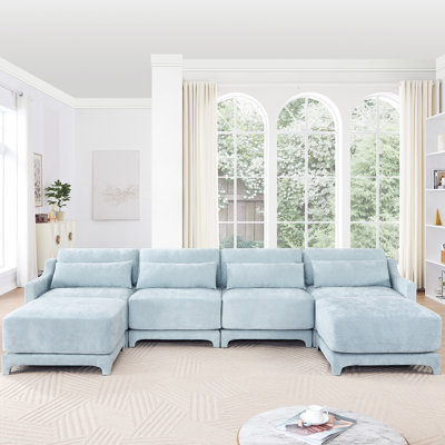 Four - Seater With Sky Blue Chenille Upholstery, Movable , Solid Wood Structure, Comfortable Seating Experience , Frame, Tailored Tufting