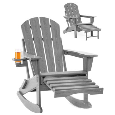 Folding Adirondack Rocking Chair,4-in-1 Multifunctional Patio Chair with Retractable Ottoman, Outdoor Chair Wood Texture, Lawn Chair for Porch, Backyard, Pool