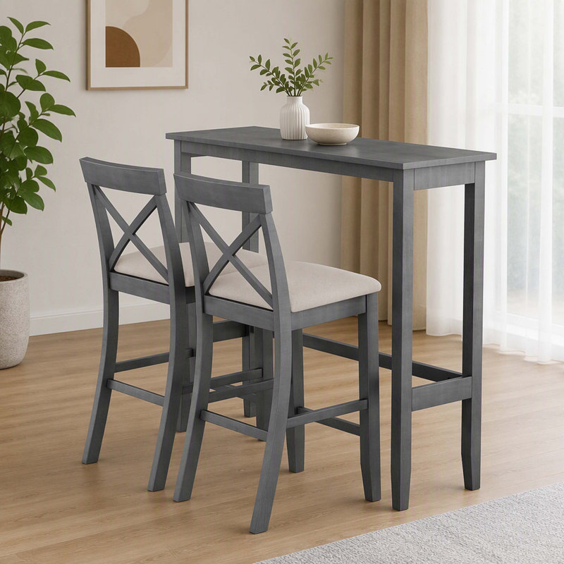 Ensemble de salle à manger rectangulaire en bois de 122 cm (48 po) de hauteur bar, d'inspiration champêtre, avec 2 chaises, idéal pour les petits espaces, gris et beige