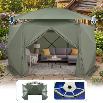 13x13FT Gazebo Screen Tent, 6-Sided Canopy with Detachable Eaves & Starry Sky Top, 210D Oxford Water-Proof Instant Shelter with Mosquito Netting for Backyard Camping, Green & Grey
