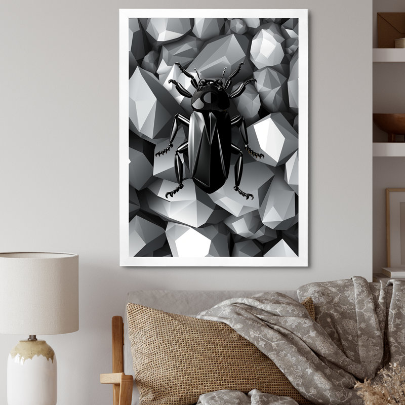 Roches et insectes noirs et gris I - art mural insectes et insectes, Cadre simple blanc, H 40 po x l 30 po x P 1,5 po