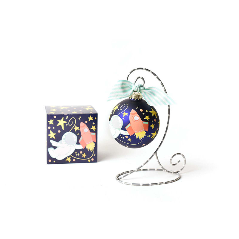 Ornement en verre Out In Space 100 mm avec base ornement argent et blanc