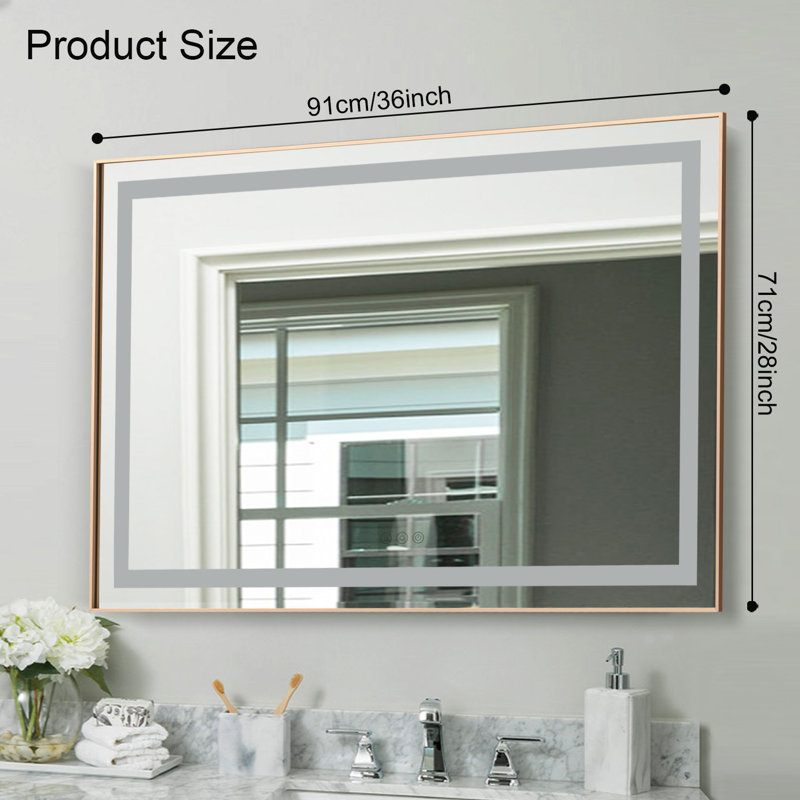 Miroir de salle de bain à DEL Led, rétroéclairé et avant éclairé, multifonction, fixation murale, or brossé, 28 po x 36 po
