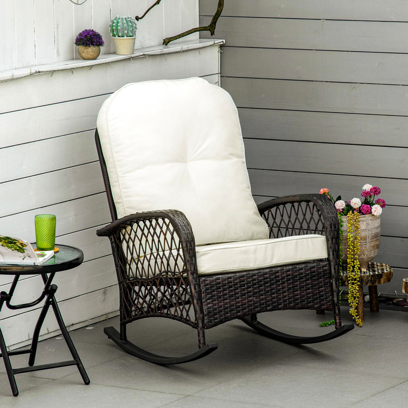 Chaise berçante de patio avec rembourrage épais, aspect rustique, blanc crème pour le jardin
