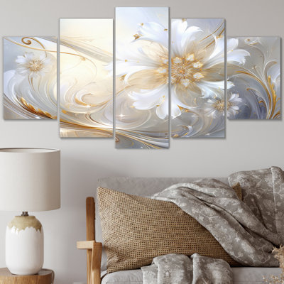 Dreamy White Digital Spring Flowers III - Fractals Wall Art Living Room - 5 Panels