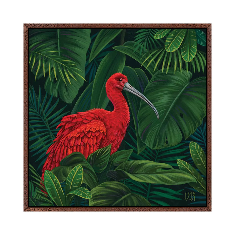 Scarlet Ibis by Vasilisa Romanenko - Painting on Canvas, 45.72cm H x 45.72cm W x 3.81cm D, Classic Brown Wood Framed