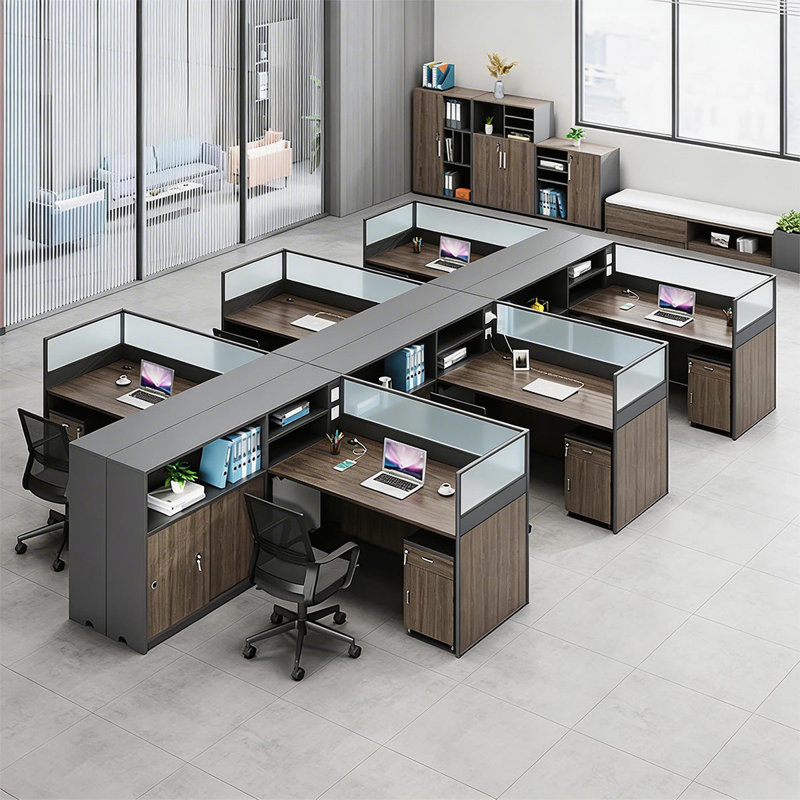 Bureau moderne en L avec armoire de rangement et panneau d'intimité
