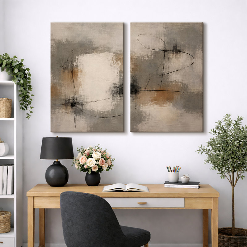 Soft Neutral Abstract Artwork with Linear Black Accents, Living Room Pictures, Framed Canvas Giclee Print Wall Art