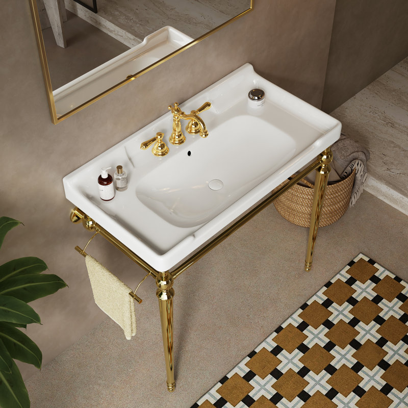 Console Bathroom  Vanity Set,Wall-Mounted Ceramic Vanity & Freestanding Stainless Steel Support Legs, Gold, White, 36"