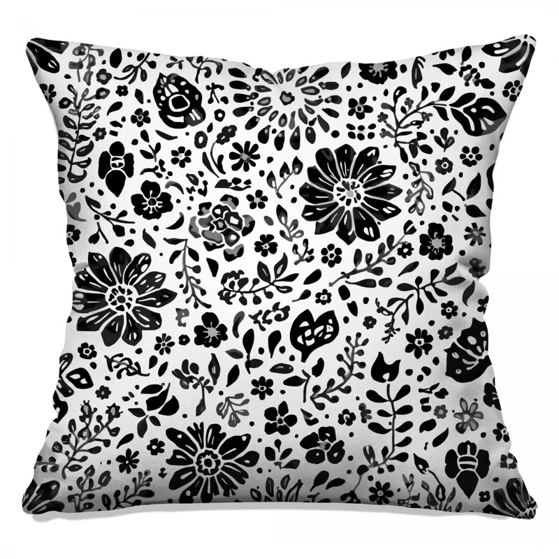 Coussins décoratifs noirs et blancs à imprimé floral, 14 X 14 pouces