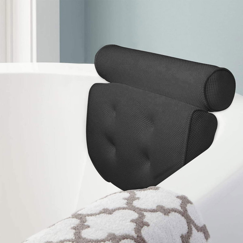 SedlikSpa Bath Pillow With Head, Neck, Shoulder & Back Support | Extra Thick, Non-Slip, Soft, Large 38X35cm For Ultimate Relaxation | Fits Any Tub, 4 Strong Suction Cups, 3D Air Mesh, Grey Firm Support Pillow