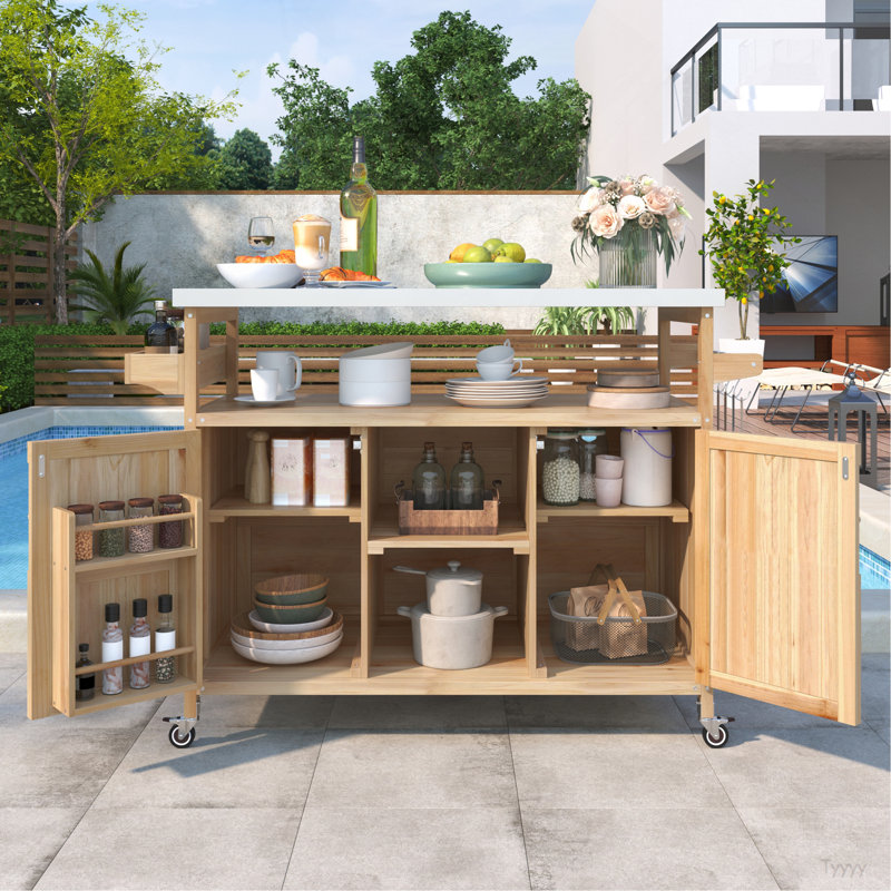 Outdoor Kitchen Island, Rolling Bar Cart & Storage Cabinet, Farmhouse Solid Wood Outdoor Grill Table With Stainless Steel Top, Spice Rack , Towel Rack For Kitchen & Barbecue