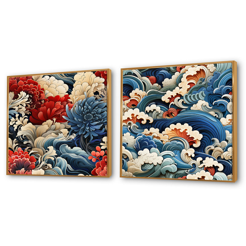 Vansant - Ensemble de 2 collages carrés de paysages abstraits, Cadre flottant doré, H 36 po x l 73 po