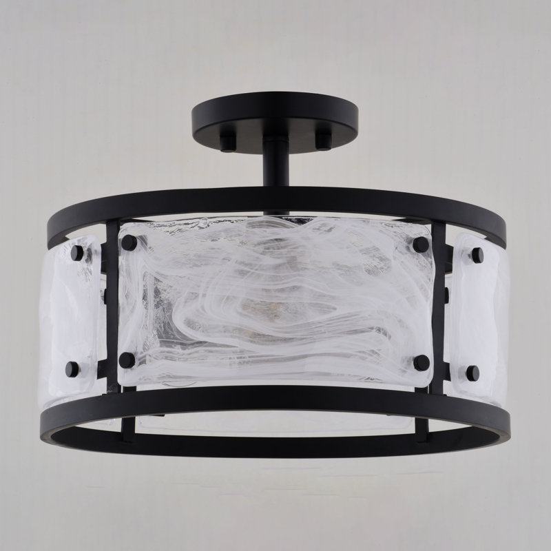 Wilder 3-Light 13 In. Wide Matte Black Contemporary Modern Drum Semi Flush Mount Lighting Fixture, White Swirl Glass Shade, Dimmable LED Compatible For Low Ceilings, Bedroom, Hallway, Kitchen, Entryway