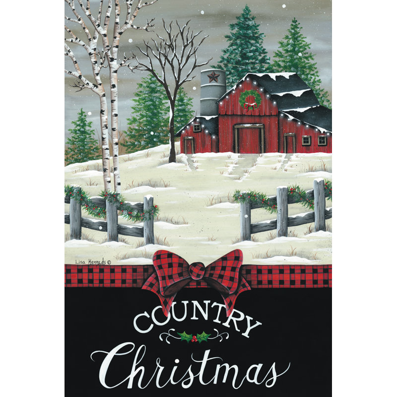 «Country Barn Christmas» par Lisa Kennedy - reproduction, Pas de tapis, H 12 po x l 8 po, Papier avec cadre photo en érable