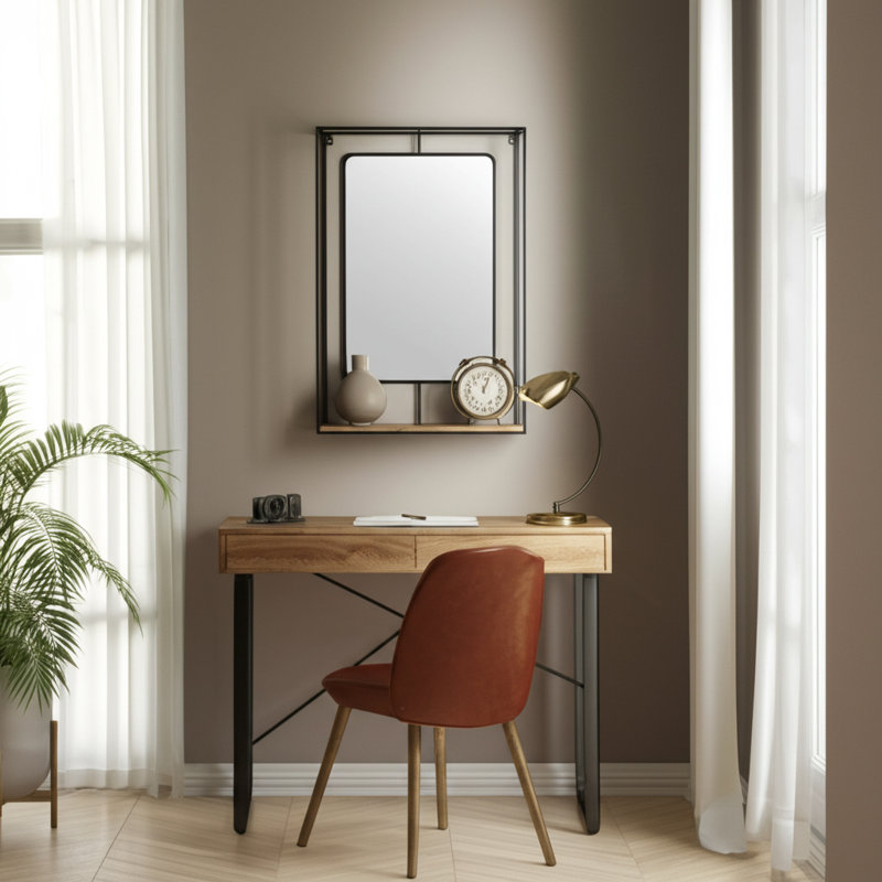 Wall Storage Unit with Metal Iron Frame, Wood Base, Glass Mirror, and Open Shelf.