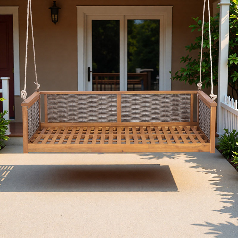 Lit de balançoire extérieur avec système de corde sécuritaire et rotin durable, Teck