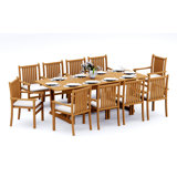 10 Seats 11 Pcs Grade-A Teak Wood Dining Set: 94" Double Extension Mas Rectangle Trestle Leg  Table And 10 Cahyo Stacking Arm Chairs #11CH2110