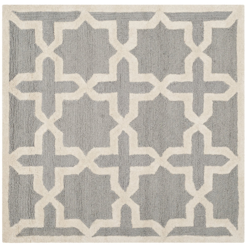 Tapis gris / ivoire touffeté à la main à motif géométrique d'Igna, Carré 4 pi