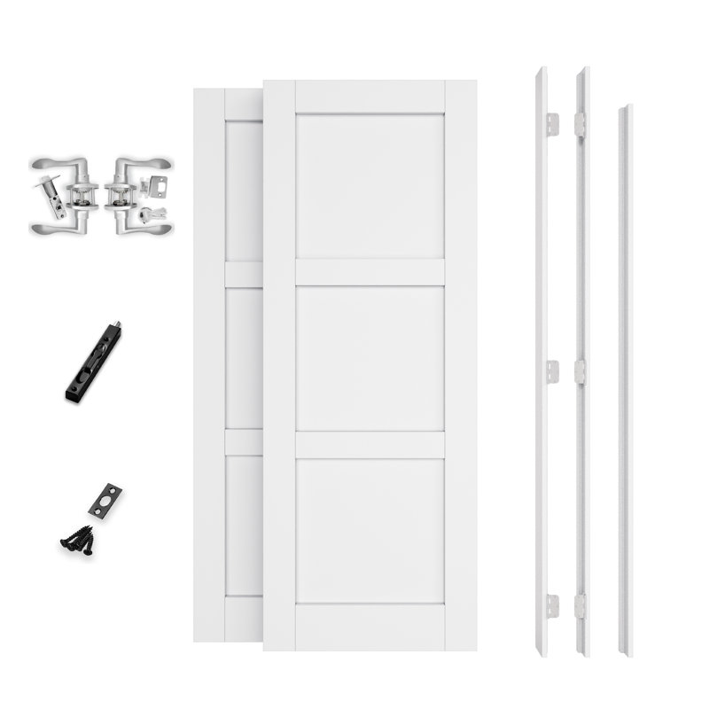 Porte française intérieure de 56 po x 80 po, portes à 3 panneaux à noyau plein, ensemble de cadre complet, charnières en nickel satiné, 4 leviers courbés et loquet, apprêt blanc prêt à être peint et parfait pour la porte de chambre à coucher, porte de fermeture, porte de couloir, porte de salon , Porte de garde-manger et porte de salle de bain