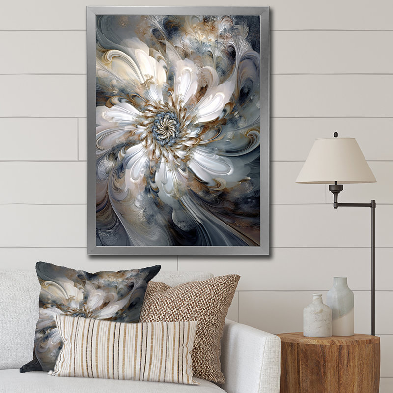 «Blossoming White Fractal Flower I», reproduction d'art sur toile, H 44 po x l 34 po x P 1,5 po, Cadre simple argenté