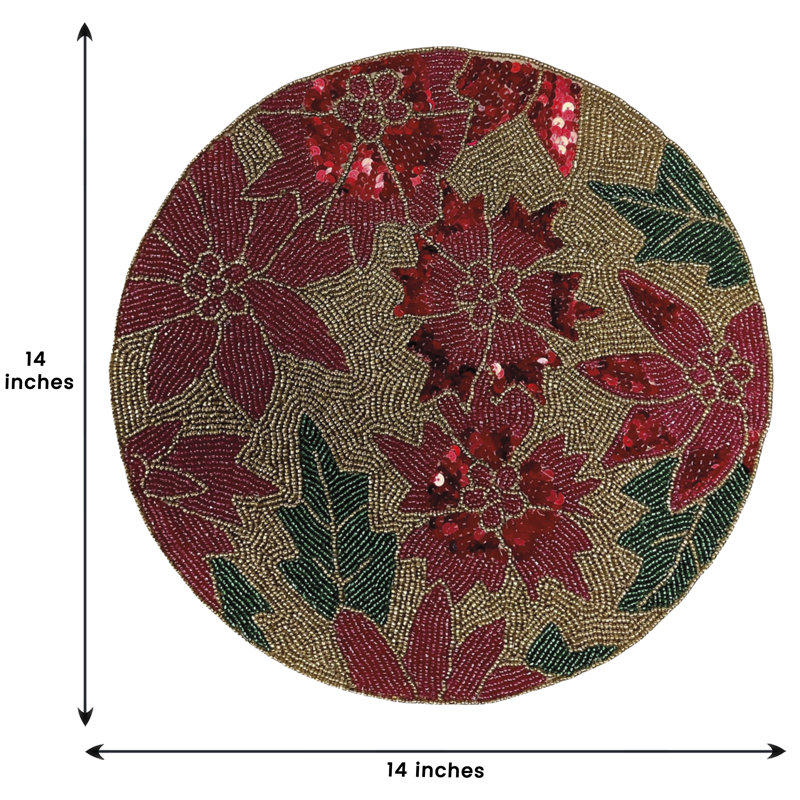 Glass Floral Round Beaded Placemats Set with Elegant Poinsettia Design for Christmas Table Decor