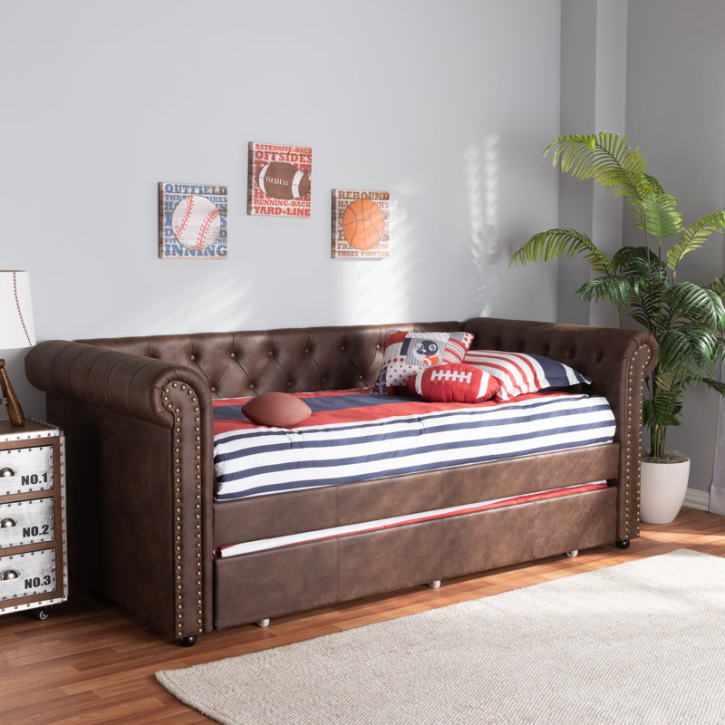 Lit de jour simple tapissier avec couchette Mynard, Brun