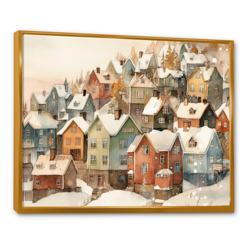Winter Village III - reproduction sur toile, H 16 po x l 32 po x P 1 po, Cadre flottant doré